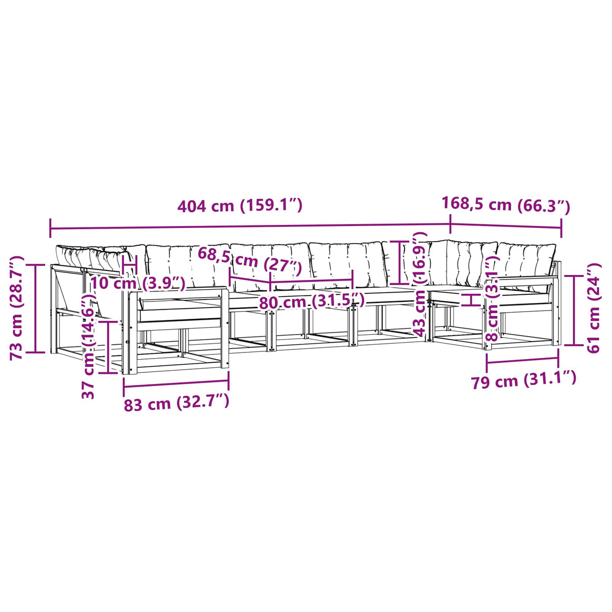 Set vanjskih sofa 7 kom. Bijela i svjetlosiva Smeđa 404 x 168,5 x 73 cm
