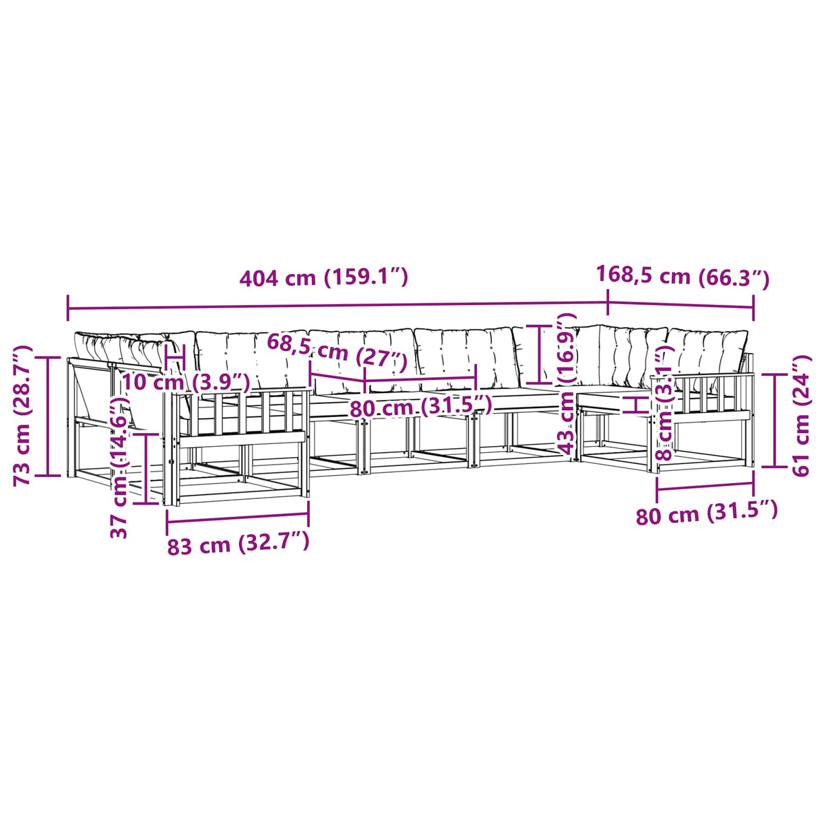 Set vanjskih sofa 7 kom. Bijela i bež Smeđa 404 x 168,5 x 73 cm