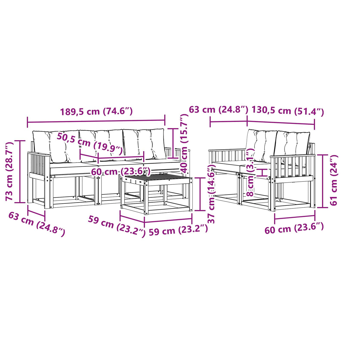 Set vanjskih sofa 6 kom. Bijela i bež Smeđa 59 x 59 x 37 cm