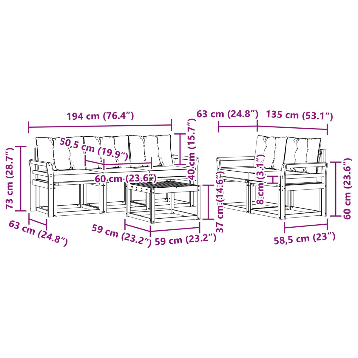 Set vanjskih sofa 6 kom. Bijela i bež Smeđa 59 x 59 x 37 cm