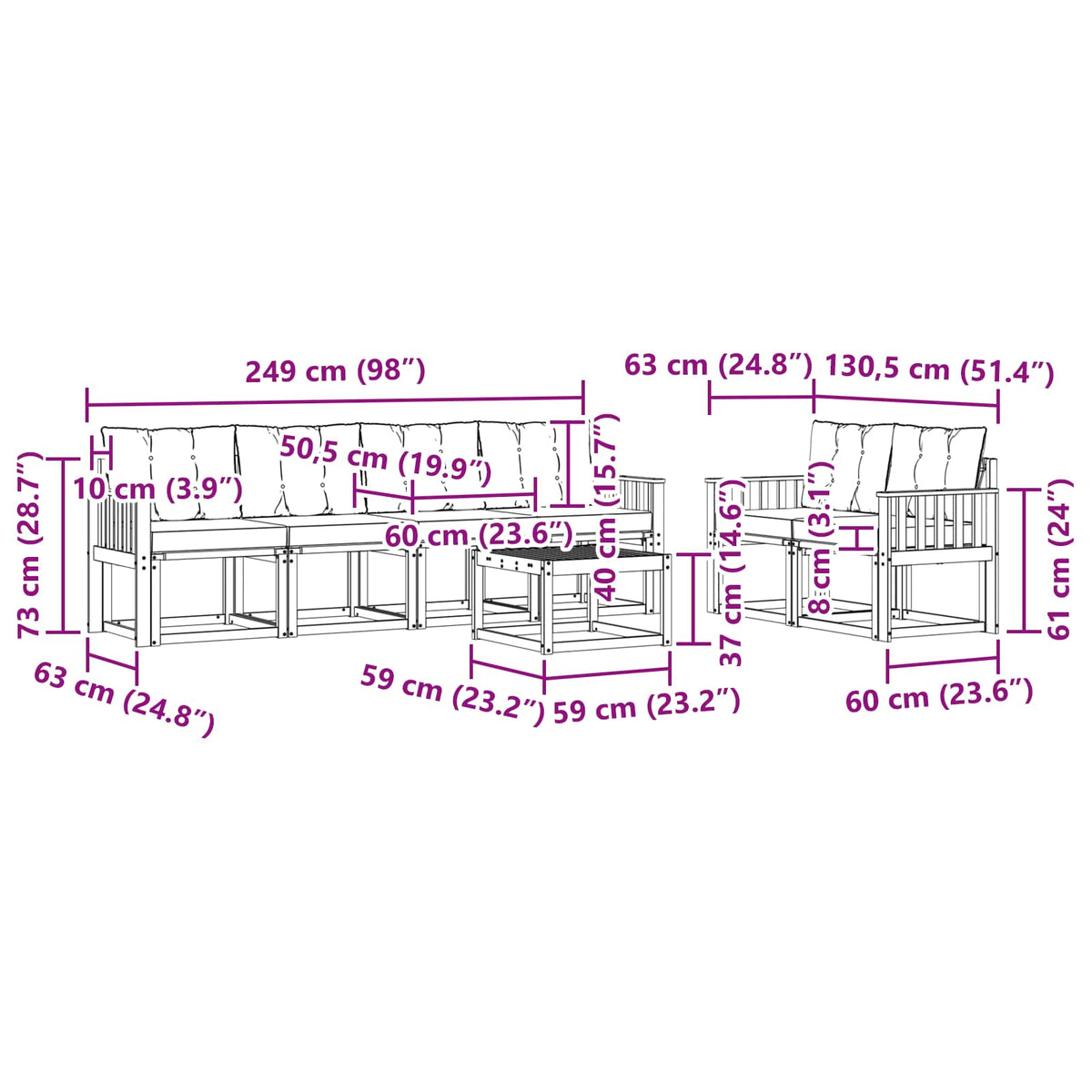 Set vanjskih sofa 7 kom. Bijela i bež Smeđa 59 x 59 x 37 cm