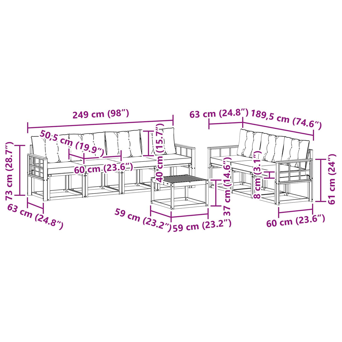 Set vanjskih sofa 8 kom. Bijela i bež Smeđa 59 x 59 x 37 cm