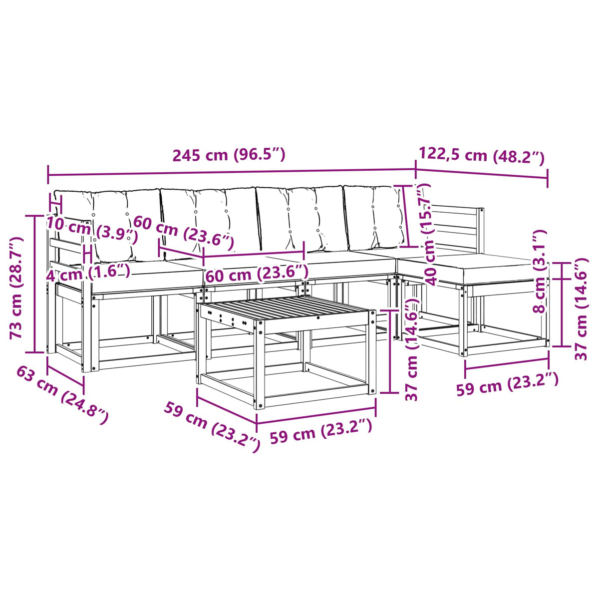 Set vanjskih sofa 6 kom. Bijela i krem Smeđa 59 x 59 x 37 cm