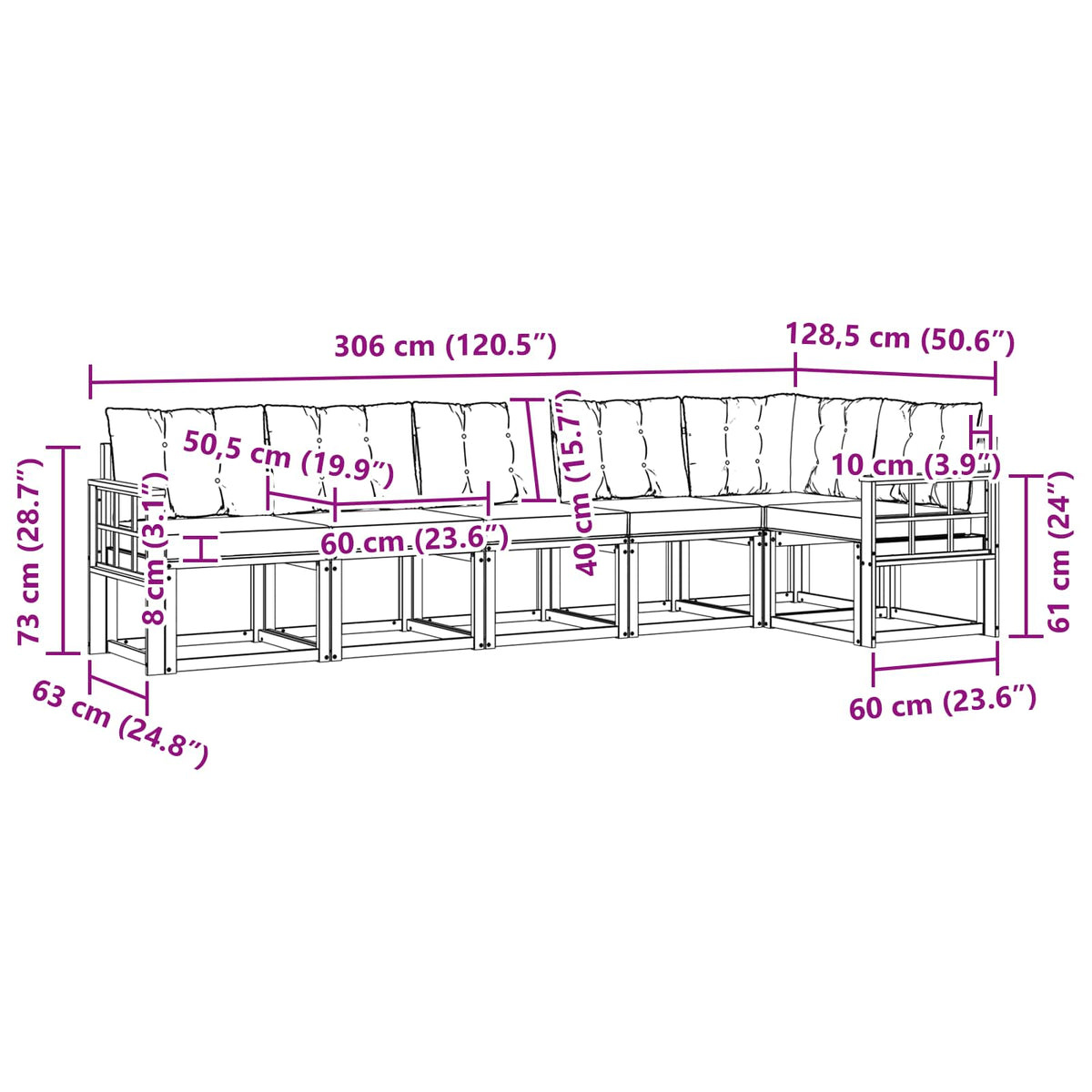 Set vanjskih sofa 6 kom. Bijela i bež Smeđa 306 x 128,5 x 73 cm