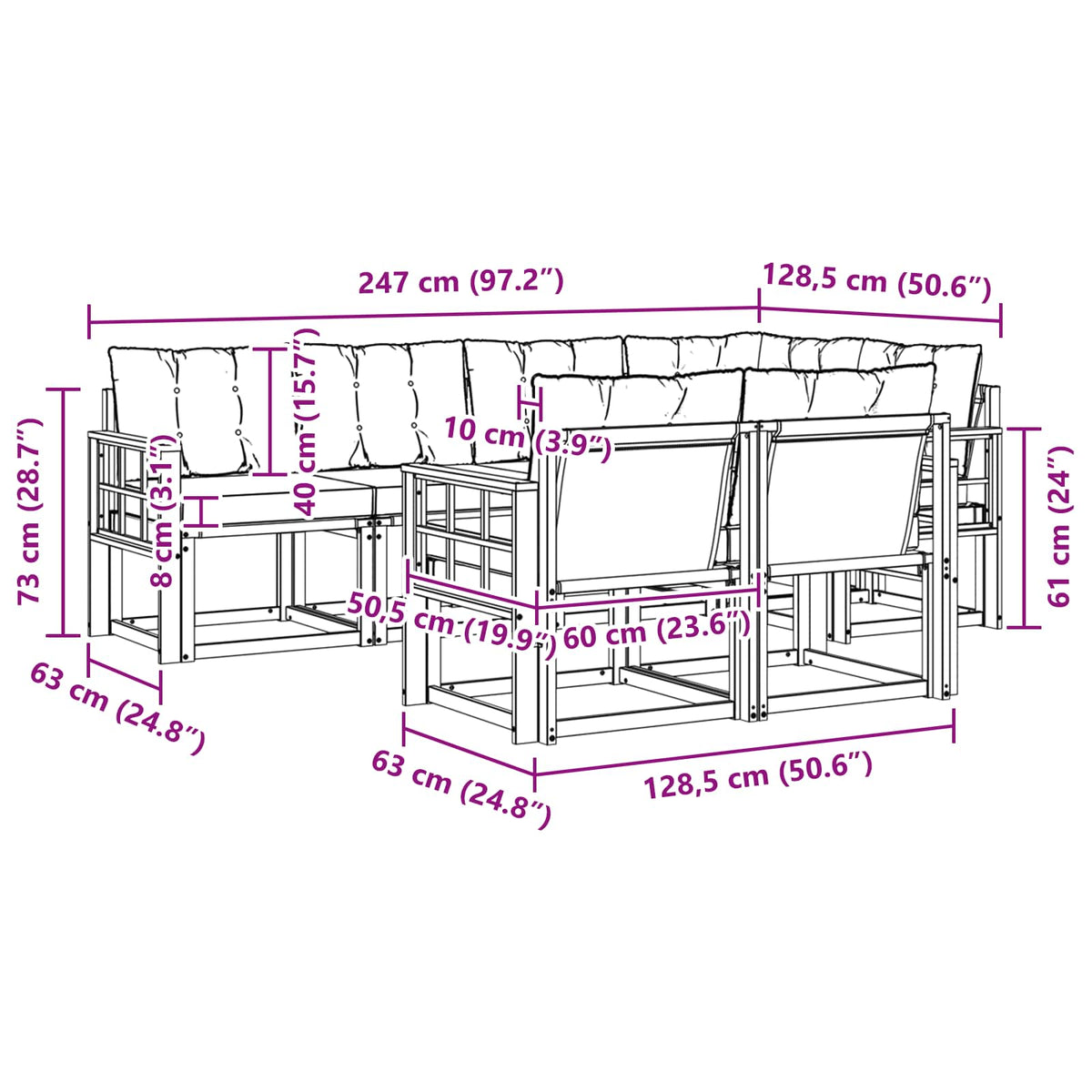 Set vanjskih sofa 7 kom. Bijela i crna Smeđa 247 x 128,5 x 73 cm