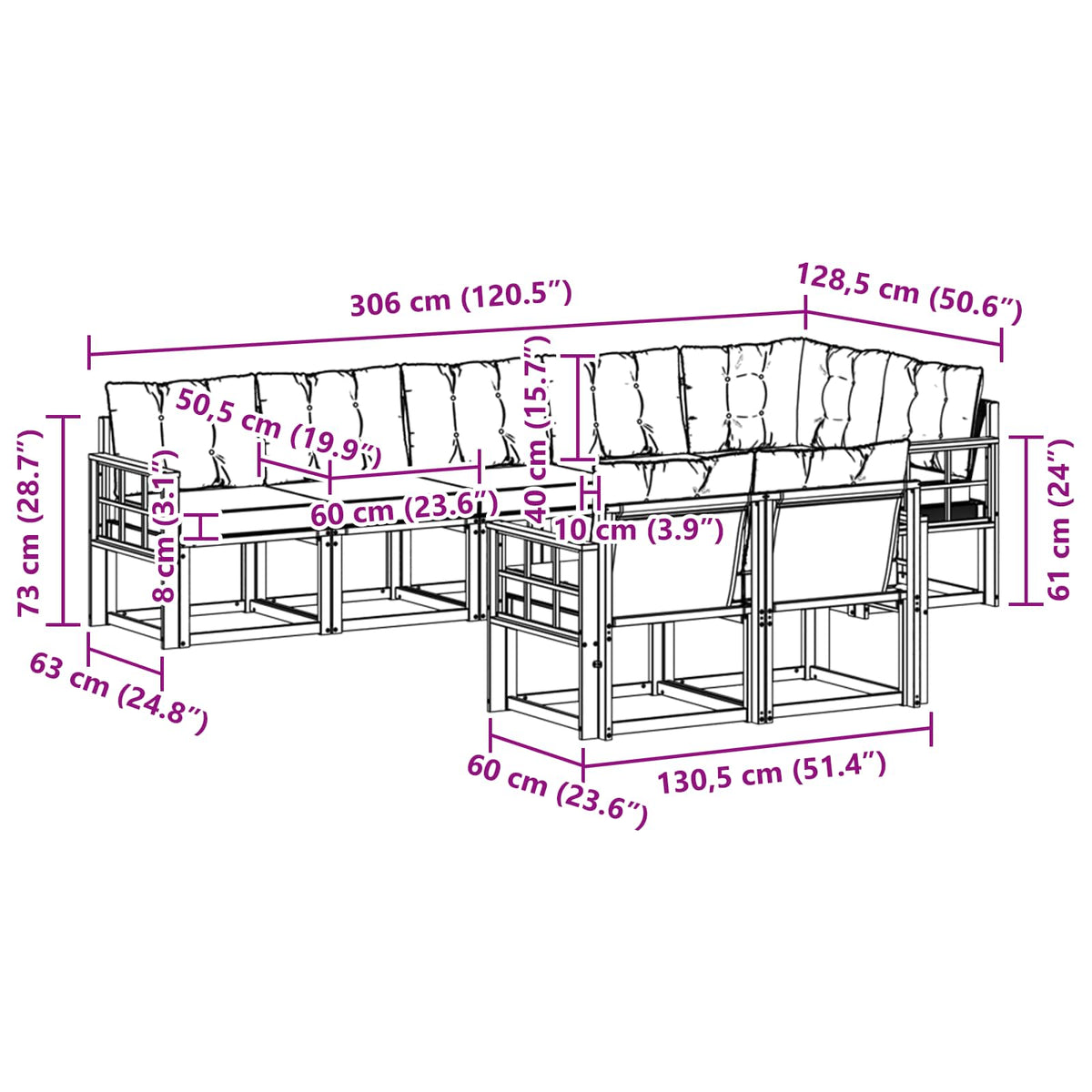 Set vanjskih sofa 8 kom. Bijela i bež Smeđa 306 x 128,5 x 73 cm