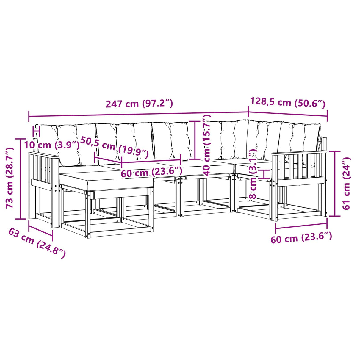Set vanjskih sofa 6 kom. Bijela i svjetlosiva Smeđa 247 x 128,5 x 73 cm
