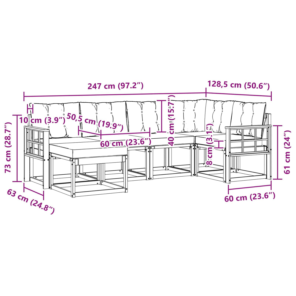 Set vanjskih sofa 6 kom. Bijela i bež Smeđa 247 x 128,5 x 73 cm
