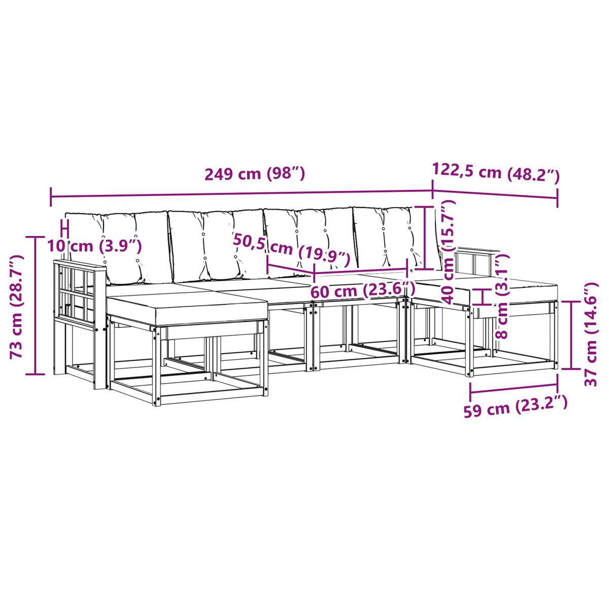 Set vanjskih sofa 6 kom. Bijela i bež Smeđa 249 x 122,5 x 73 cm