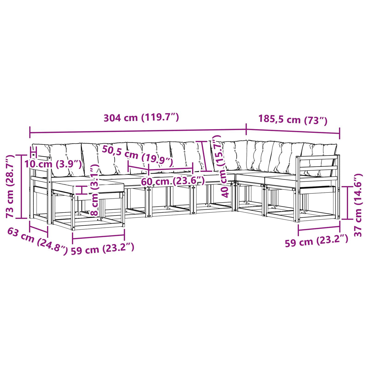 Set vanjskih sofa 8 kom. Bijela i krem Smeđa 304 x 185,5 x 73 cm