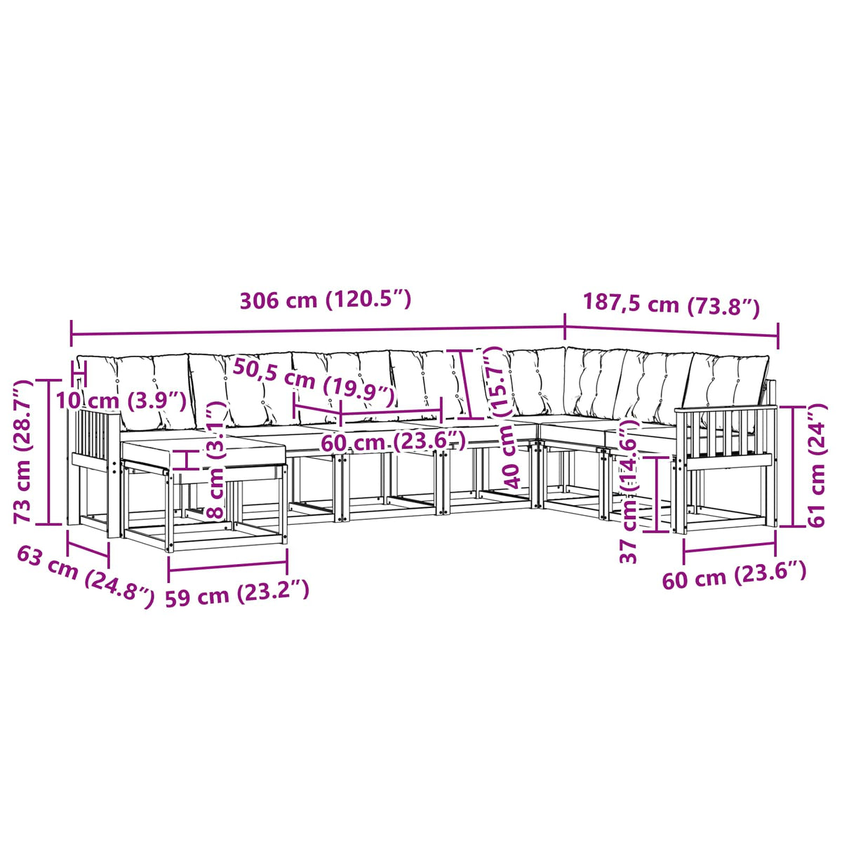 Set vanjskih sofa 8 kom. Bijela i svjetlosiva Smeđa 306 x 187,5 x 73 cm