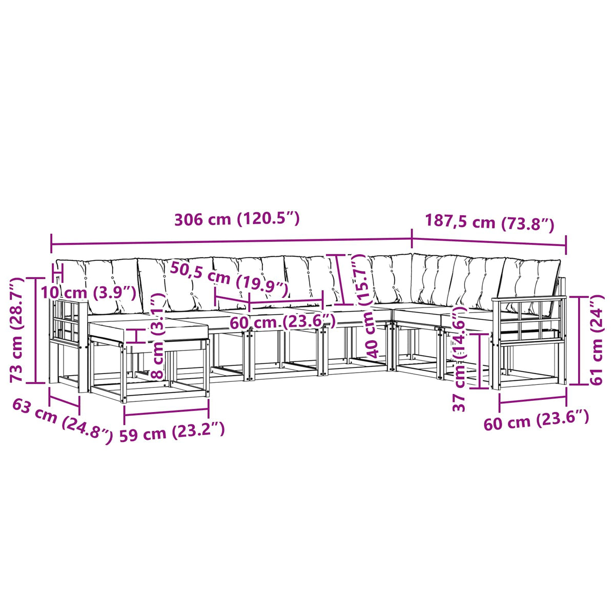 Set vanjskih sofa 8 kom. Bijela i bež Smeđa 306 x 187,5 x 73 cm