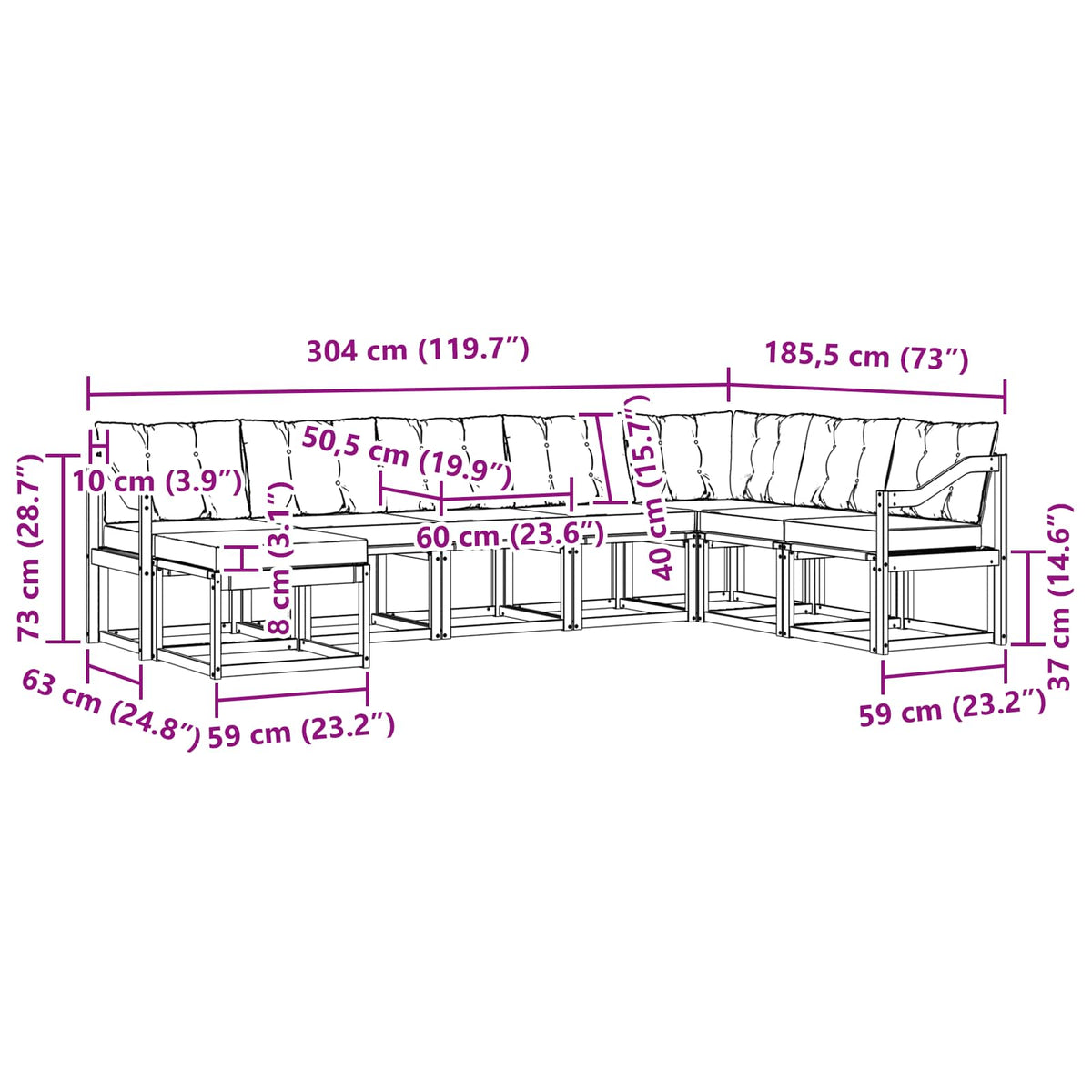 Set vanjskih sofa 8 kom. Bijela i bež Smeđa 304 x 185,5 x 73 cm