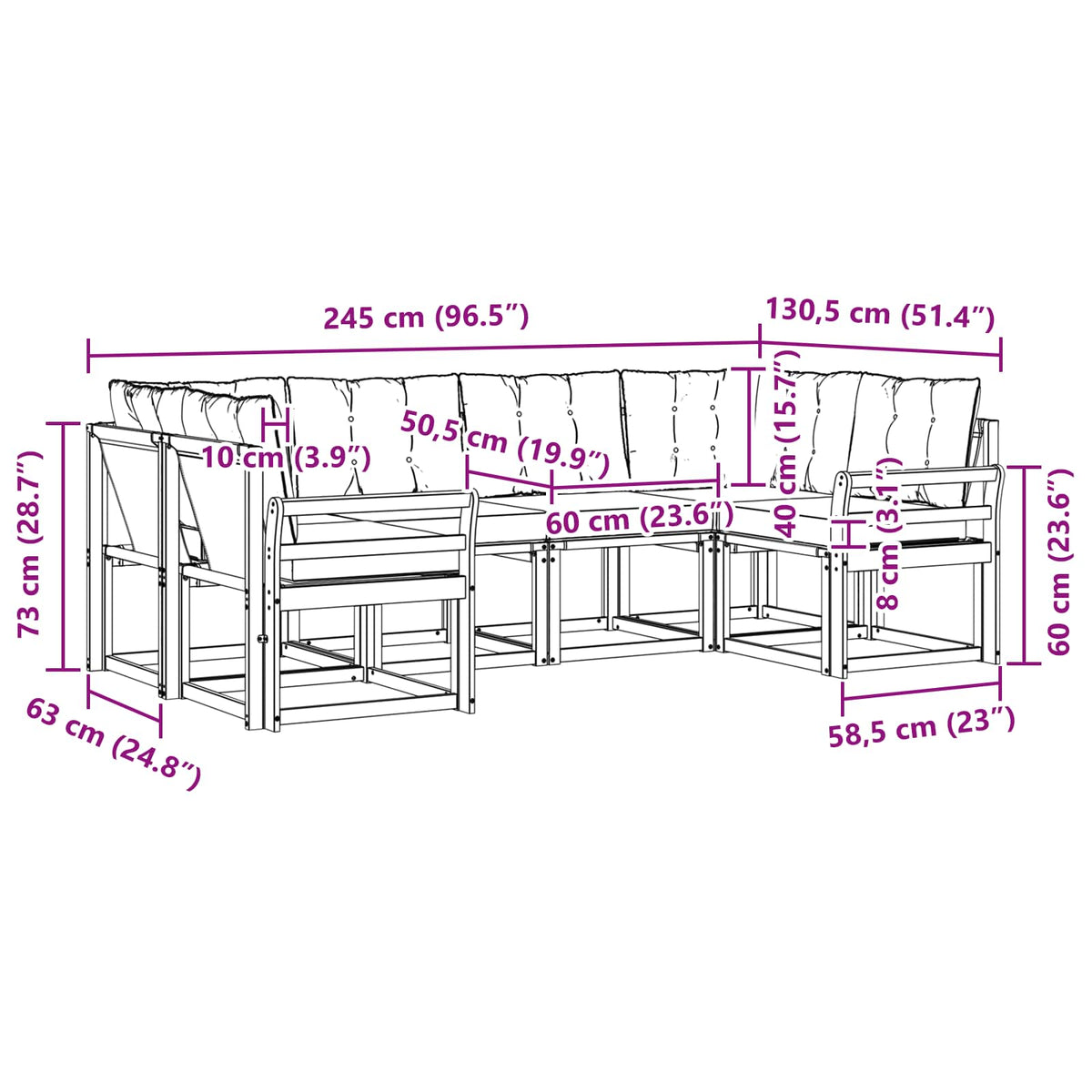 Set vanjskih sofa 6 kom. Bijela i svjetlosiva Smeđa 245 x 130,5 x 73 cm