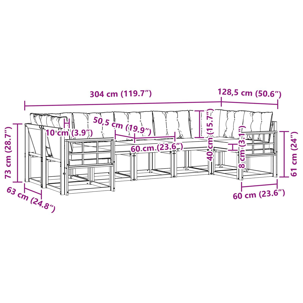 Set vanjskih sofa 7 kom. Bijela i svjetlosiva Smeđa 304 x 128,5 x 73 cm