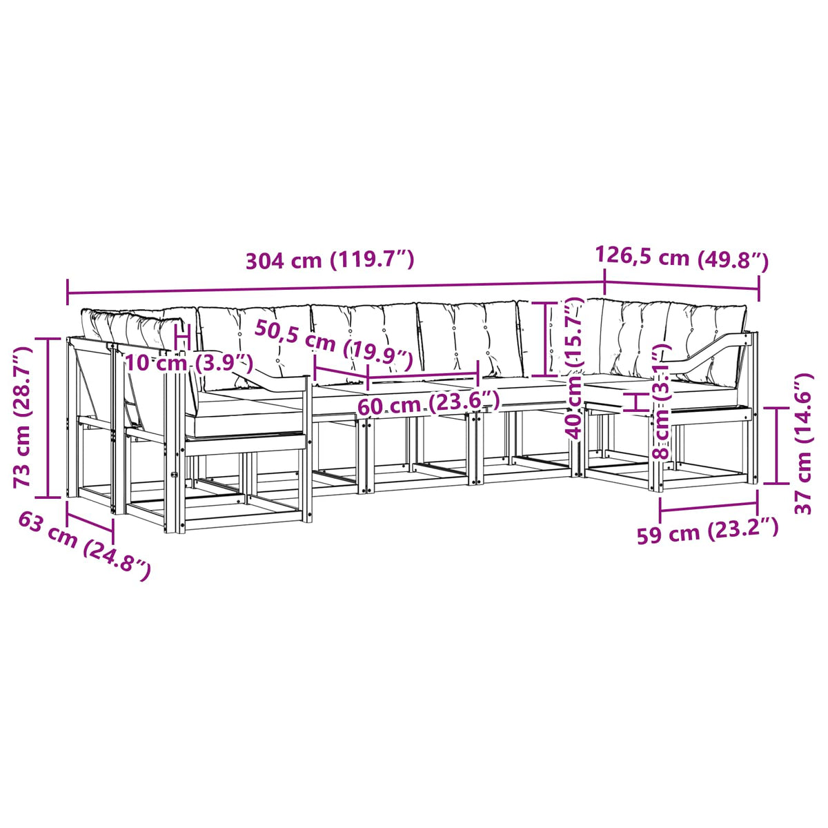 Set vanjskih sofa 7 kom. Bijela i crna Smeđa 245 x 126,5 x 73 cm