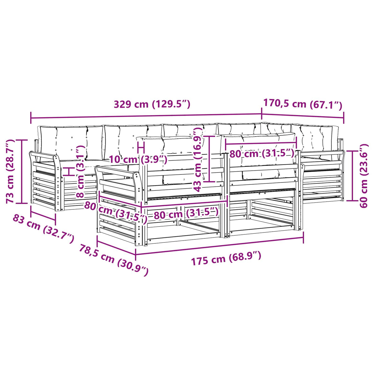 Set vanjskih sofa 7 kom. Bijela i krem Poliester Smeđa 329 x 170,5 x 73 cm