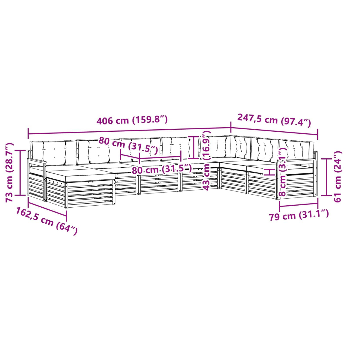 Set vanjskih sofa 8 kom. Bijela i antracit Čvrsto drvo akacije 406 x 247,5 x 73 cm
