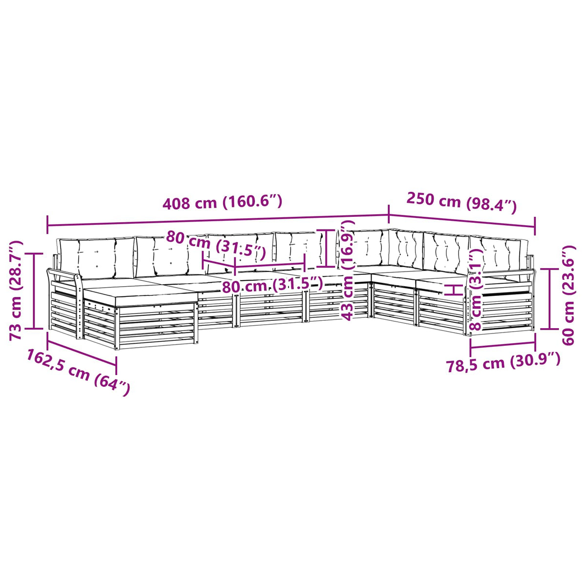 Set vanjskih sofa 8 kom. Bijela i krem Čvrsto drvo akacije 408 x 250 x 73 cm