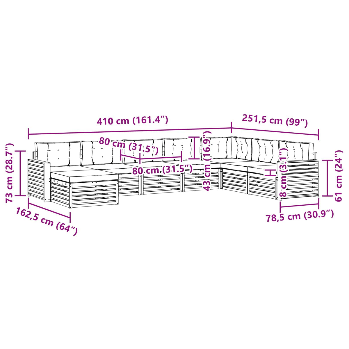 Set vanjskih sofa 8 kom. Bijela i bež Čvrsto drvo akacije 410 x 251,5 x 73 cm