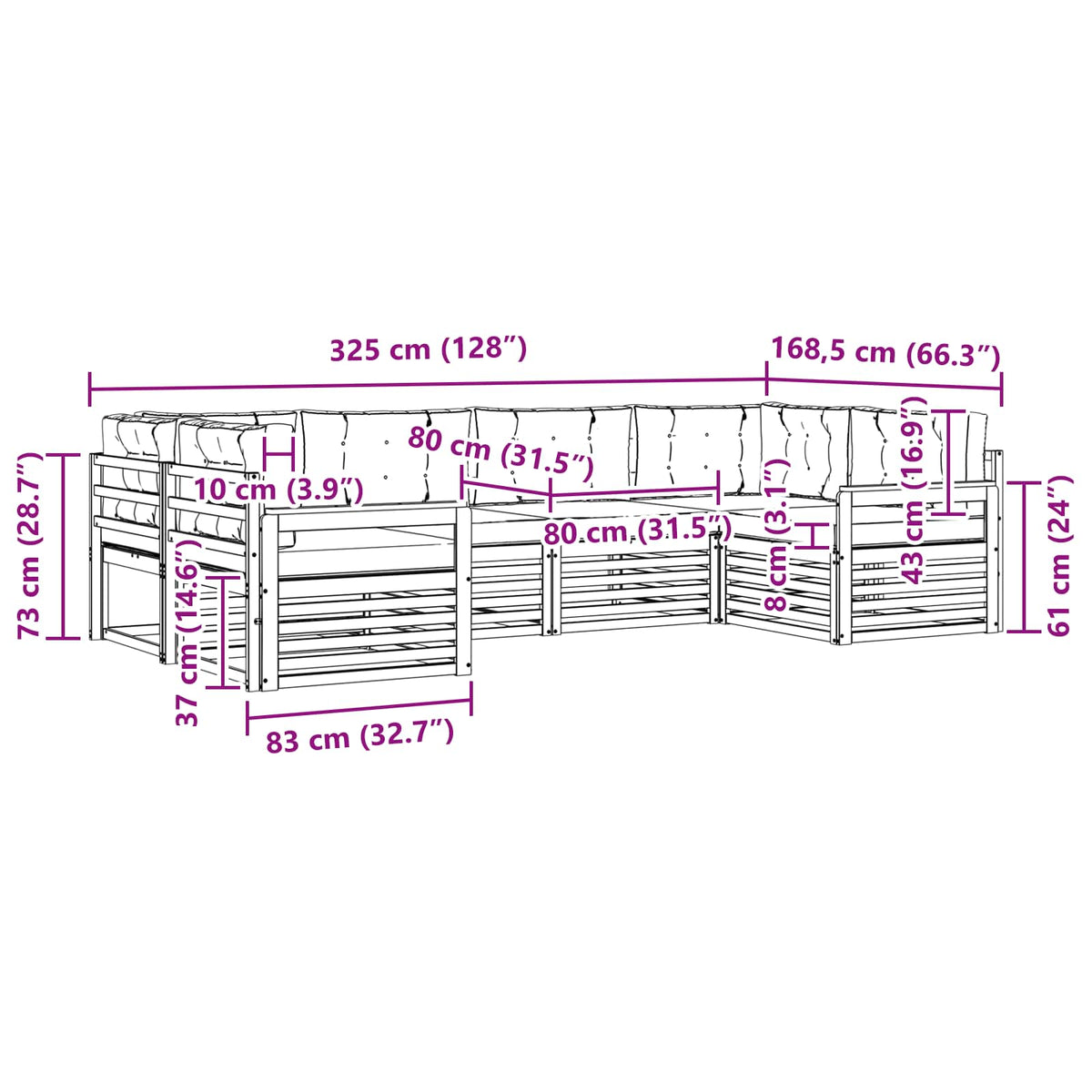 Set vanjskih sofa 6 kom. Bijela i svjetlosiva 325 x 168,5 x 73 cm