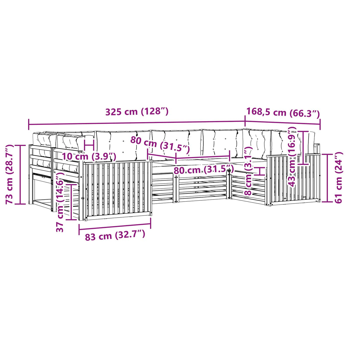 Set vanjskih sofa 6 kom. Bijela i svjetlosiva 325 x 168,5 x 73 cm