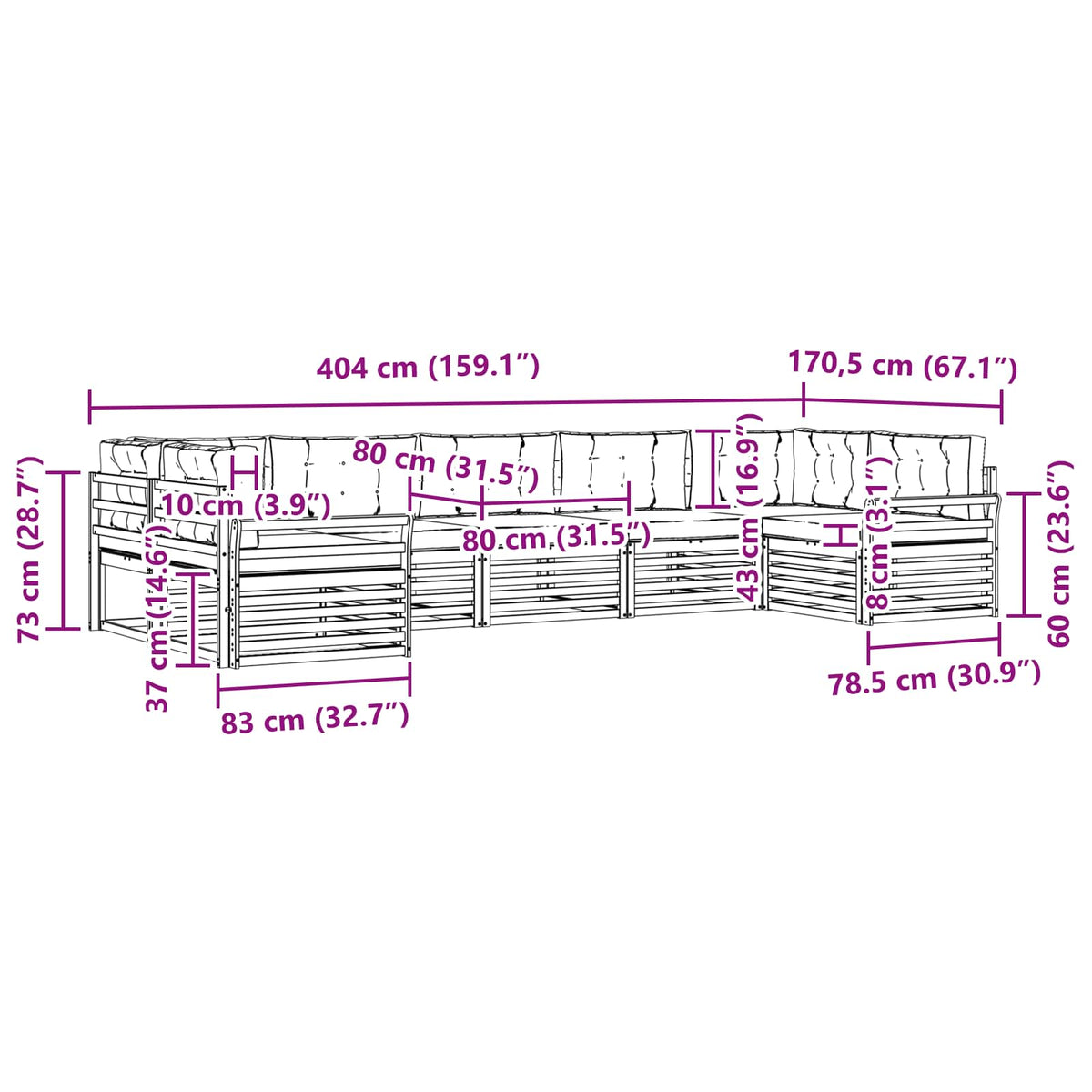 Set vanjskih sofa 7 kom. Bijela i krem Čvrsto drvo akacije 404 x 170,5 x 73 cm