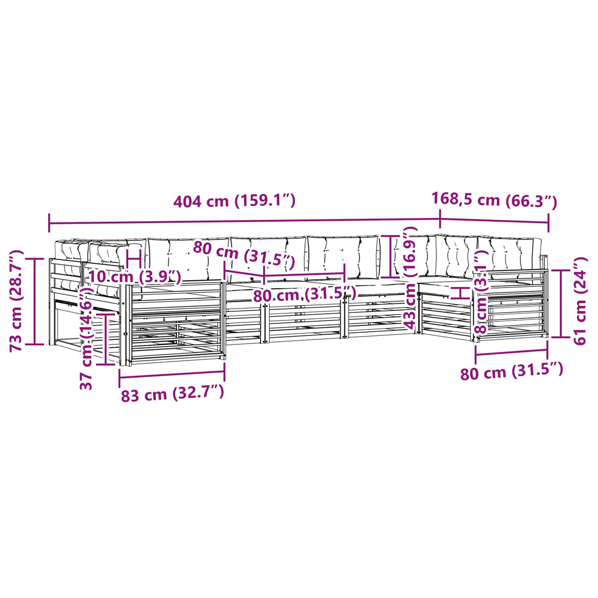 Set vanjskih sofa 7 kom. Bijela i bež Čvrsto drvo akacije 404 x 168,5 x 73 cm