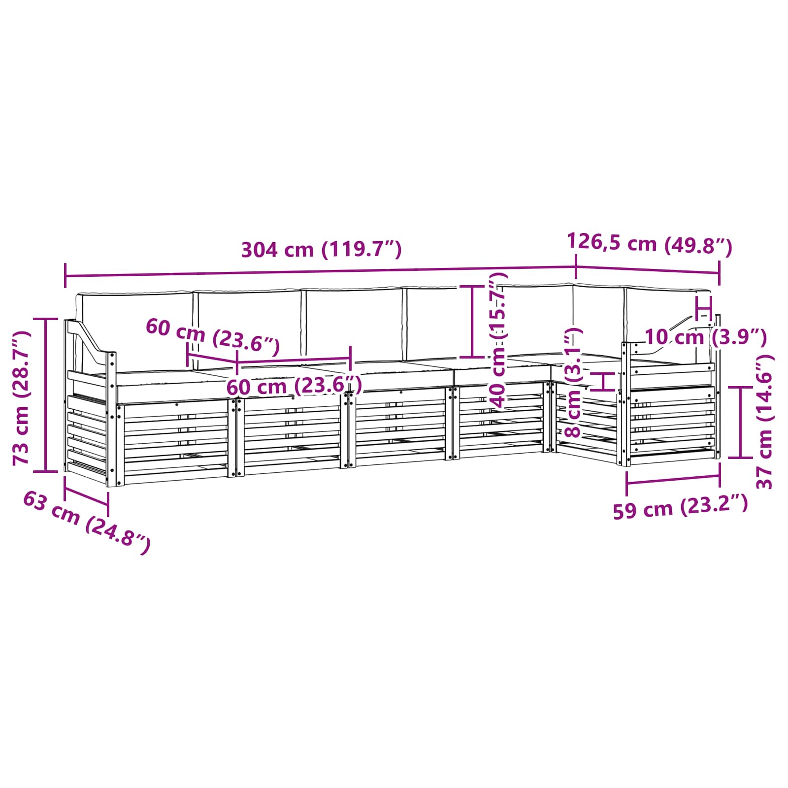 Set vanjskih sofa 6 pcs Bijela i bež 304 x 126,5 x 73 cm