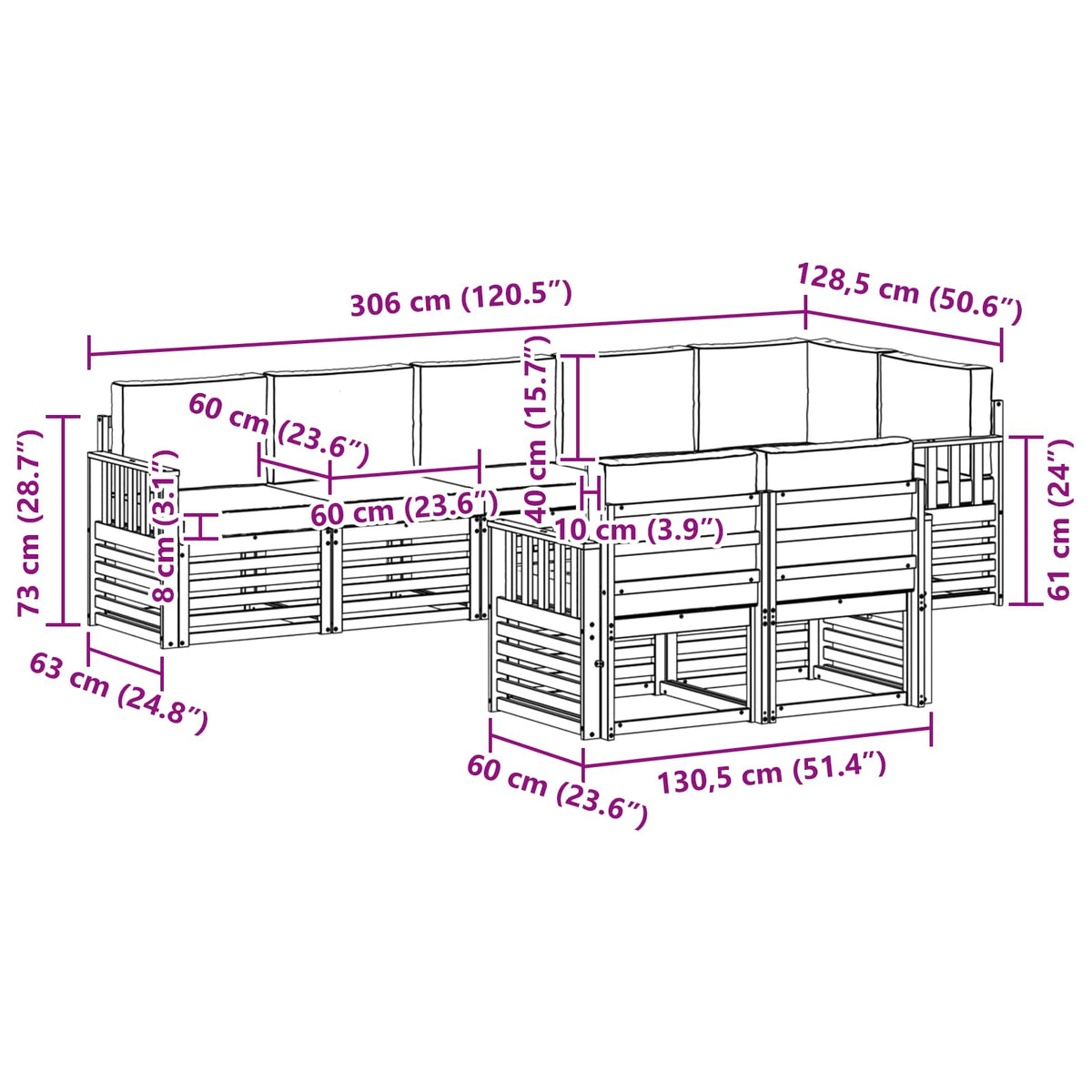 Set vanjskih sofa 8 kom. Bijela i svjetlosiva Poliester 306 x 128,5 x 73 cm
