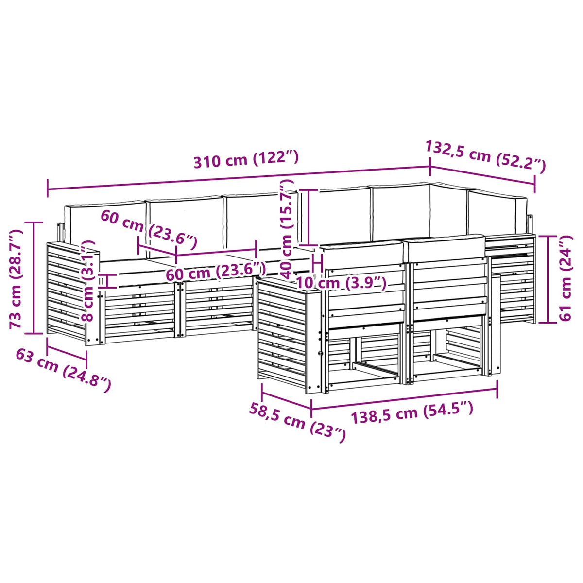 Set vanjskih sofa 8 kom. Bijela i svjetlosiva Poliester 310 x 132,5 x 73 cm