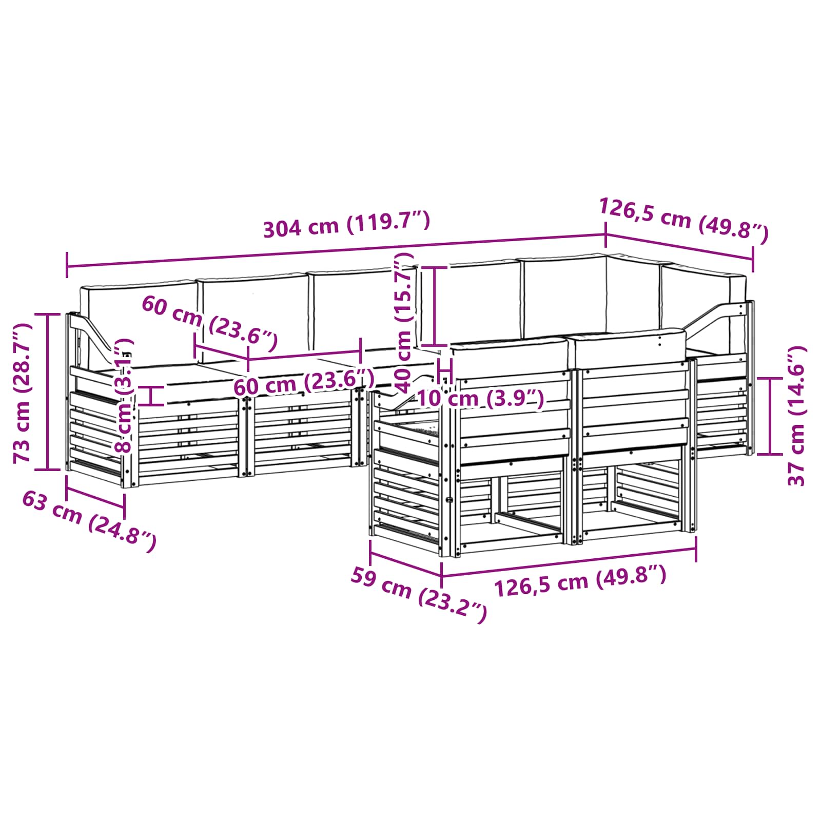 Set vanjskih sofa 8 pcs Bijela i bež 304 x 126,5 x 73 cm