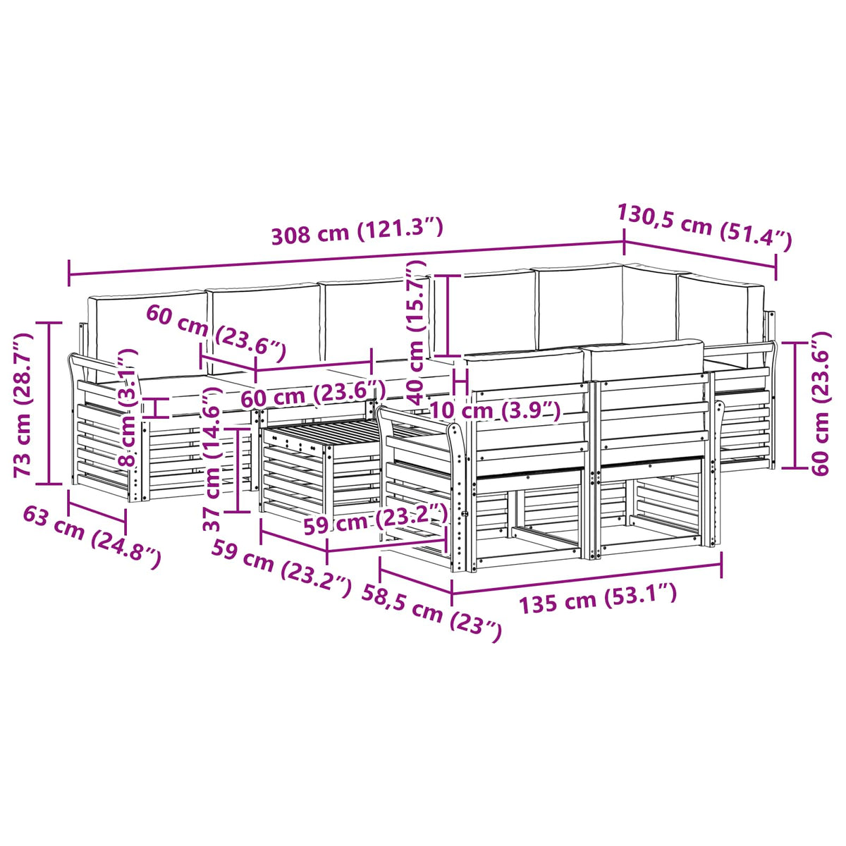 Set vanjskih sofa 9 kom. Bijela i krem Poliester 59 x 59 x 37 cm