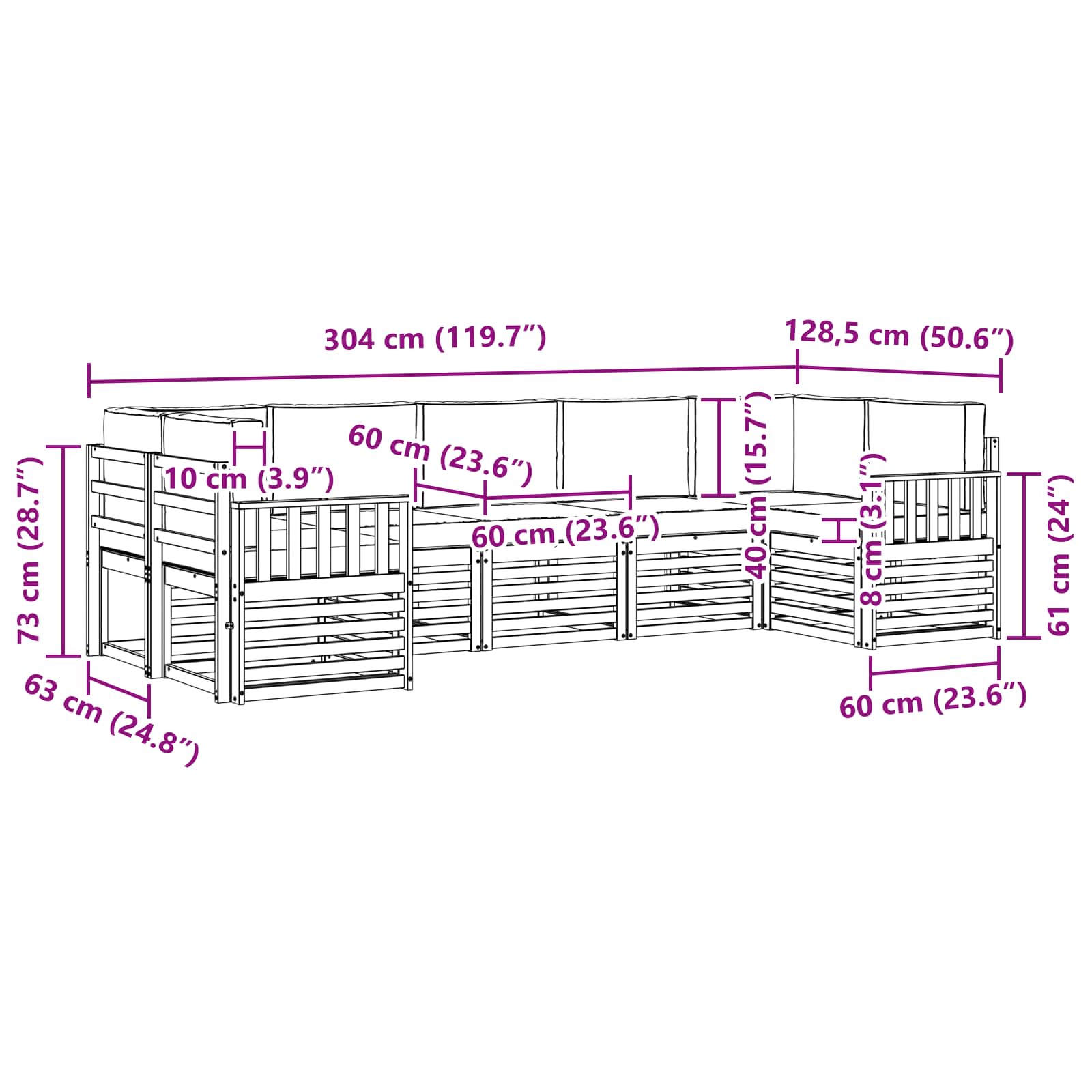 Set vanjskih sofa 6 pcs Bijela i Bež 304 x 128,5 x 73 cm