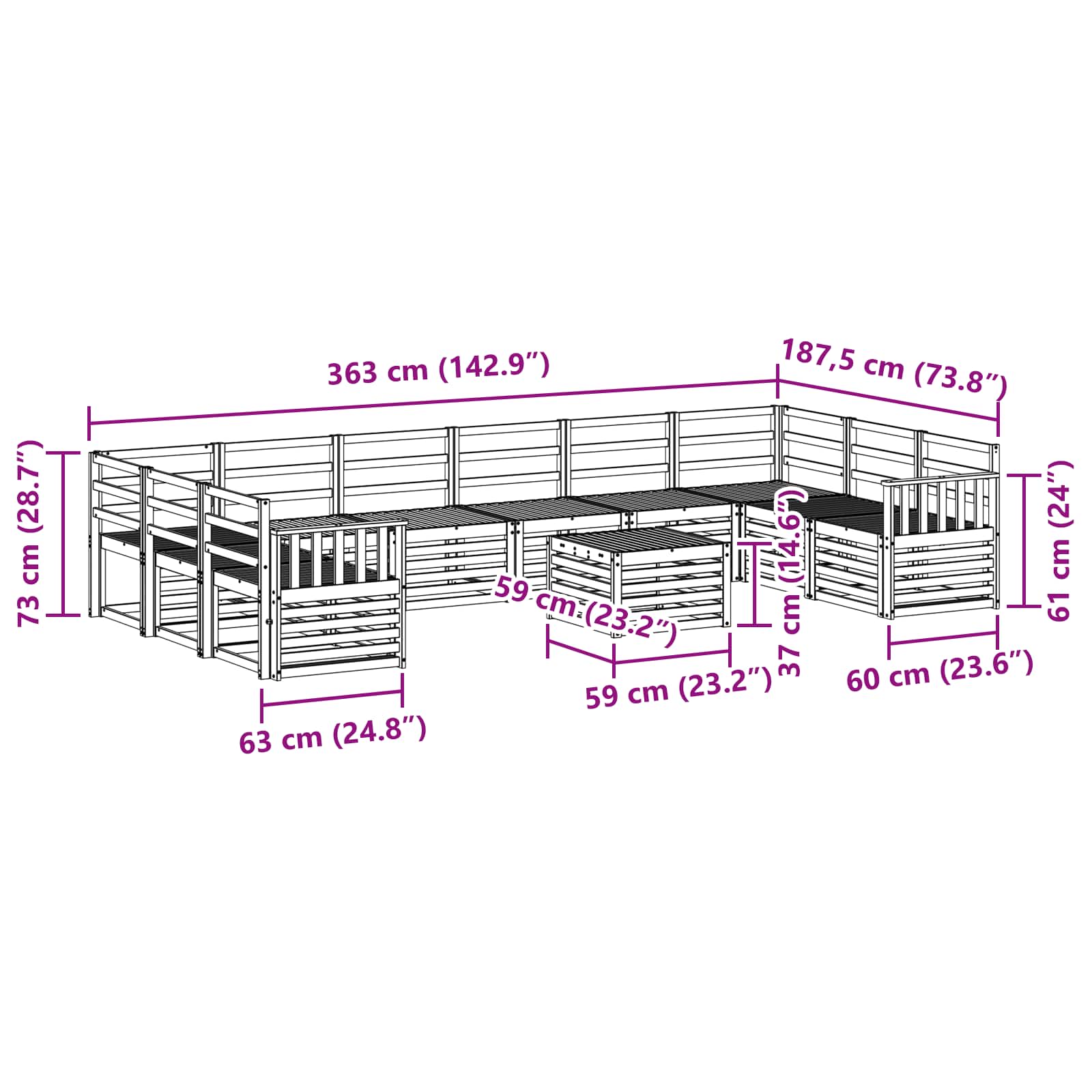 Set vanjskih sofa 11 pcs Bijela 59 x 59 x 37 cm