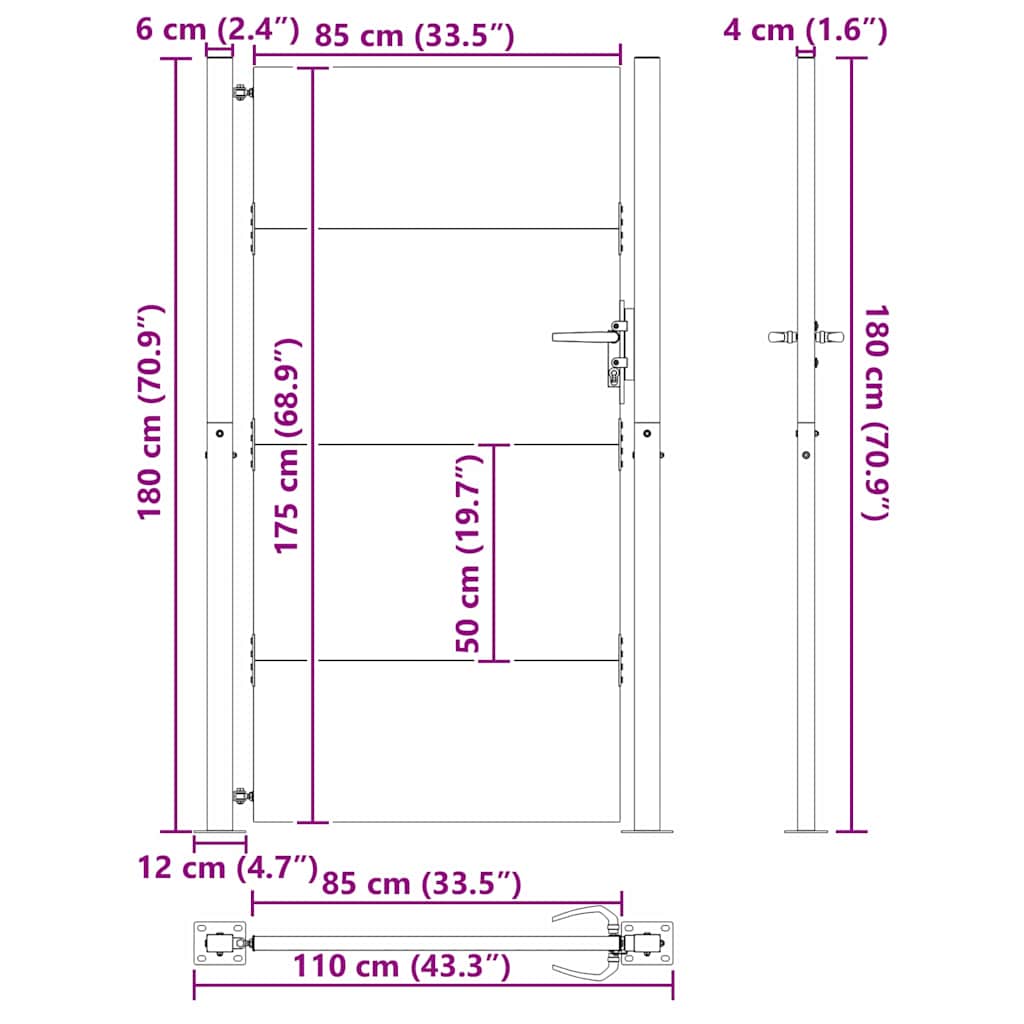 Vrtna vrata Crna 110 x 180 cm Čelik s prahom premazan