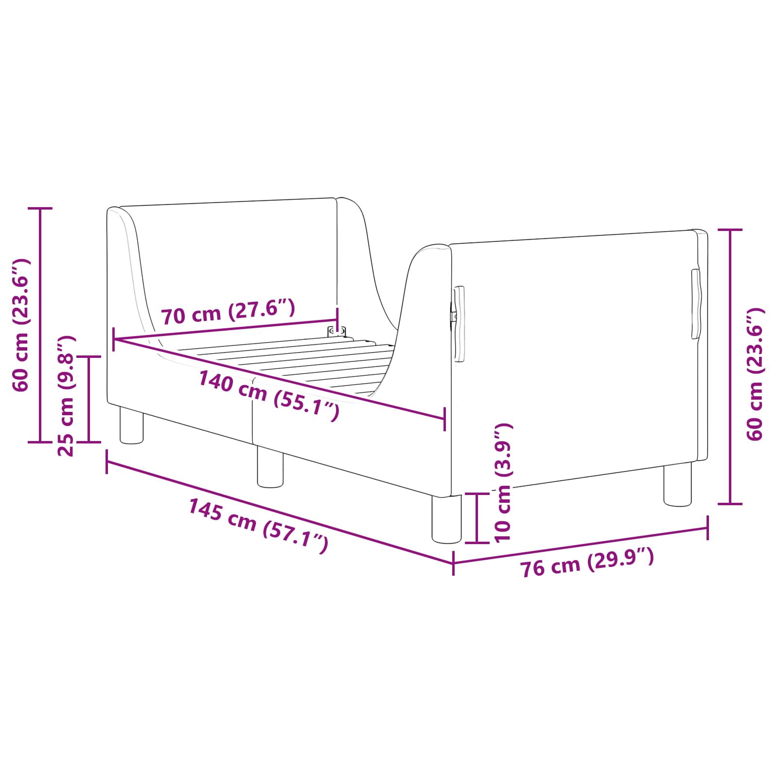 Okvir kreveta za malu djecu s naslonom Tamnosiva 70 x 140 cm