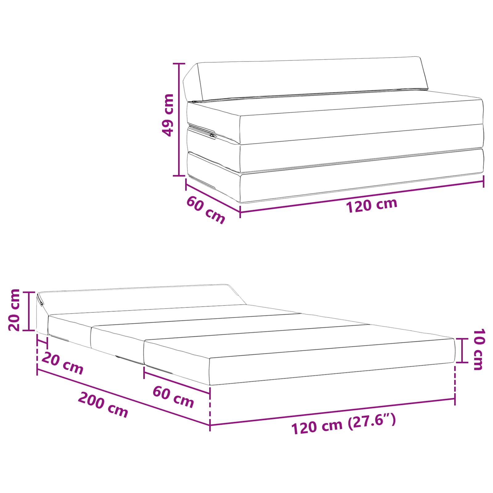 Sofa na razvlačenje Crna 120 x 60 x 49 cm Tkanina
