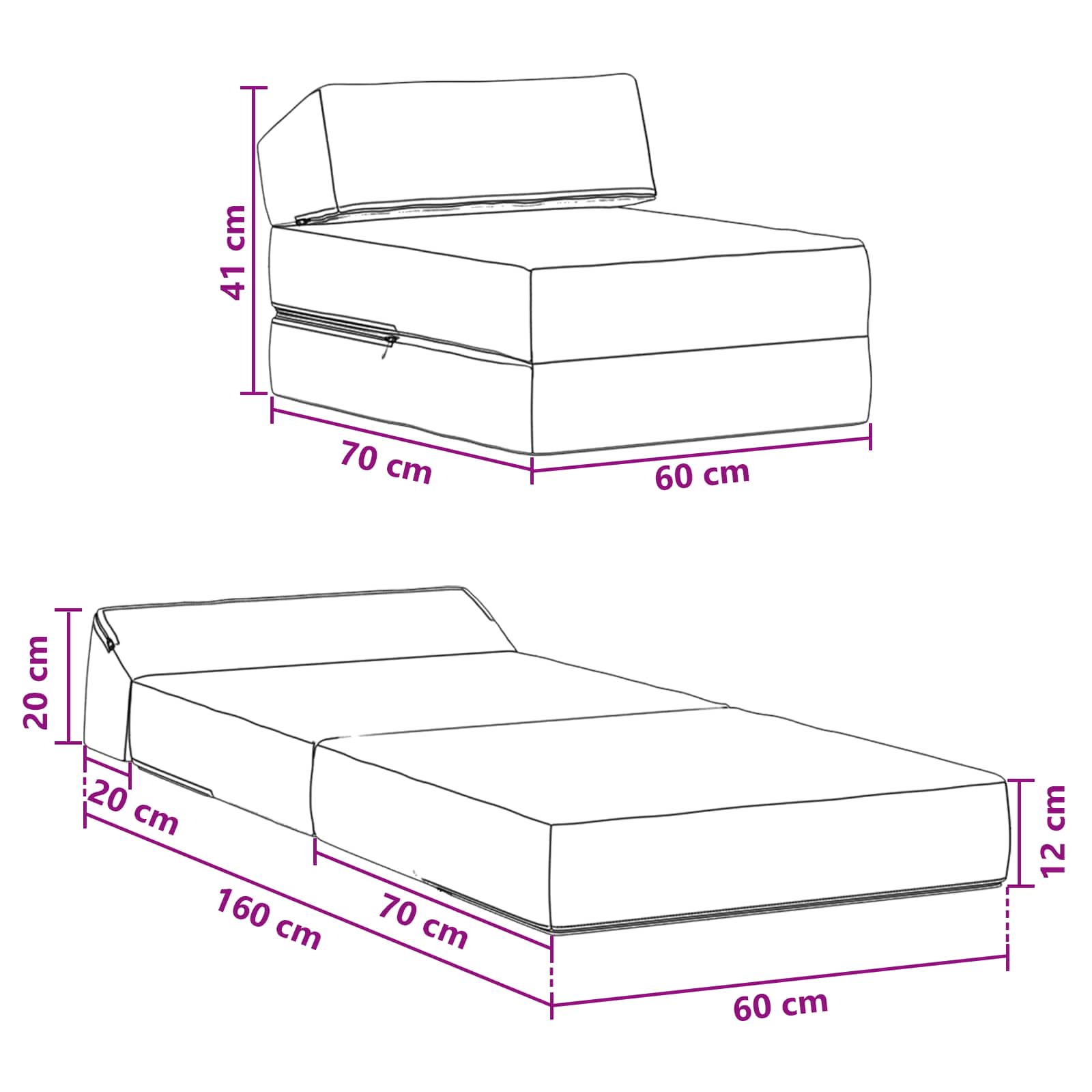 Sofa na razvlačenje Crna 60 x 70 x 41 cm Tkanina