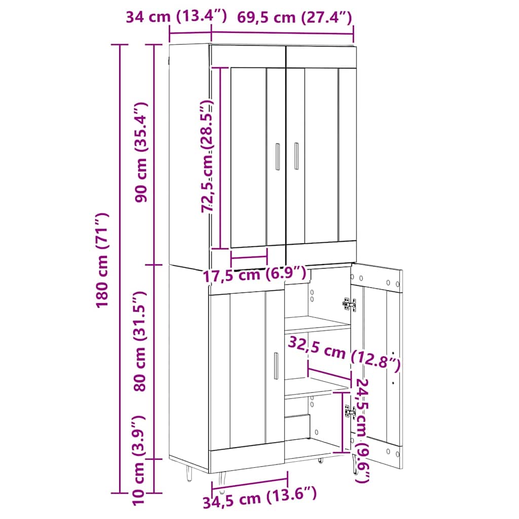 Highboard 2 pcs Crni hrast Konstruirano drvo