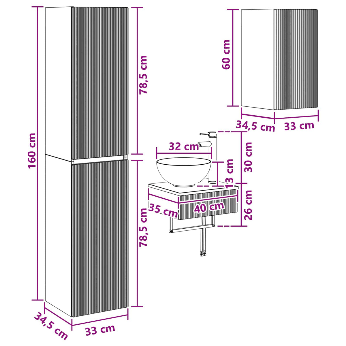 Set namještaja za kupaonicu 3 kom. Betonska siva 33 x 34,5 x 160 cm