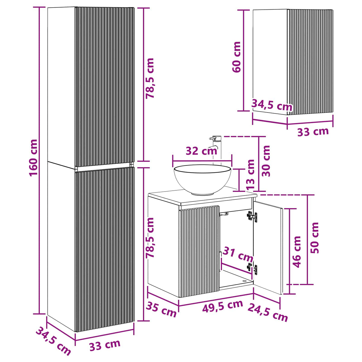 Set namještaja za kupaonicu 3 kom. Betonska siva 33 x 34,5 x 160 cm