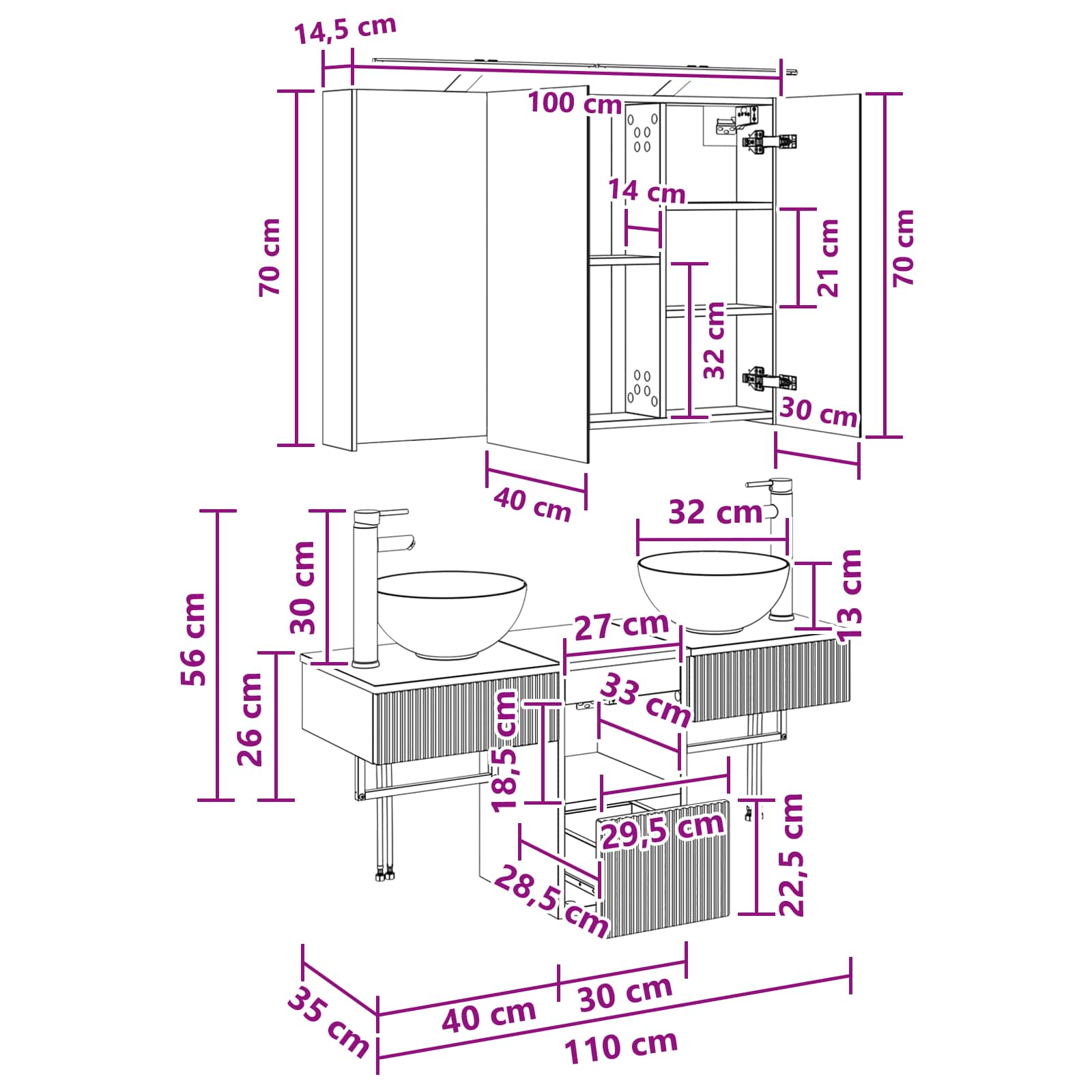 Set ormarića za kupaonicu 4 pcs Siva Sonoma 100 x 14,5 x 70 cm