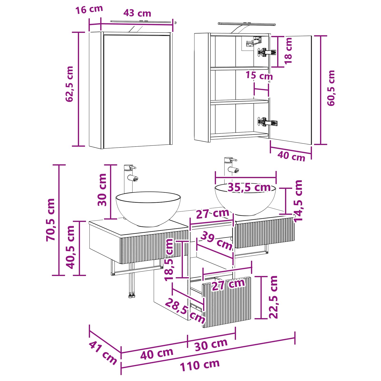 Set ormarića za kupaonicu 5 pcs Bijela 43 x 16 x 62,5 cm
