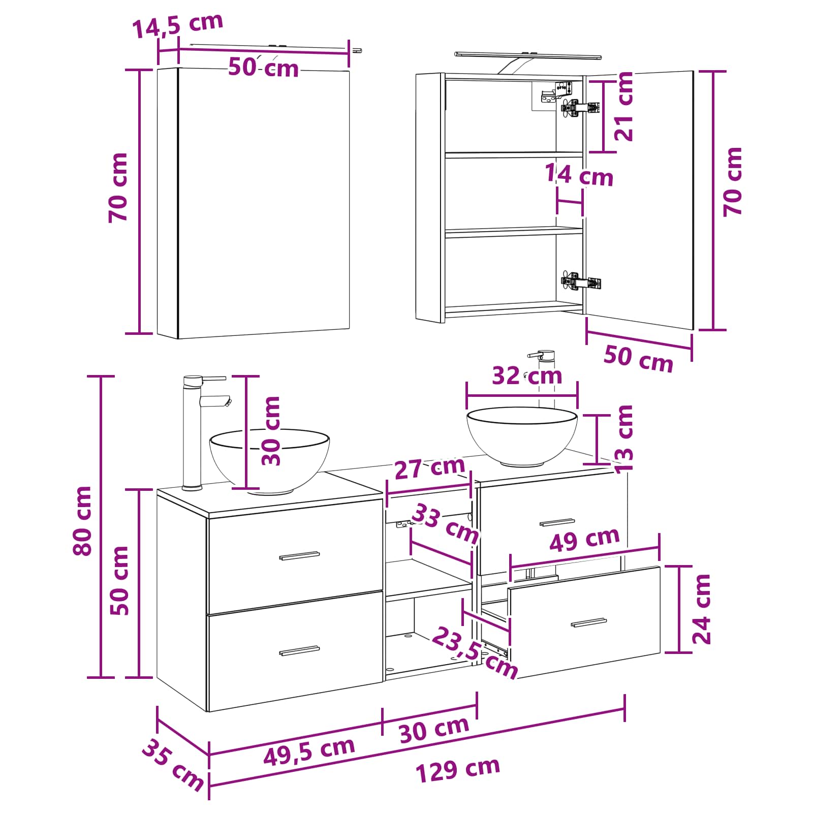Set ormarića za kupaonicu 5 pcs Staro drvo 50 x 14,5 x 70 cm