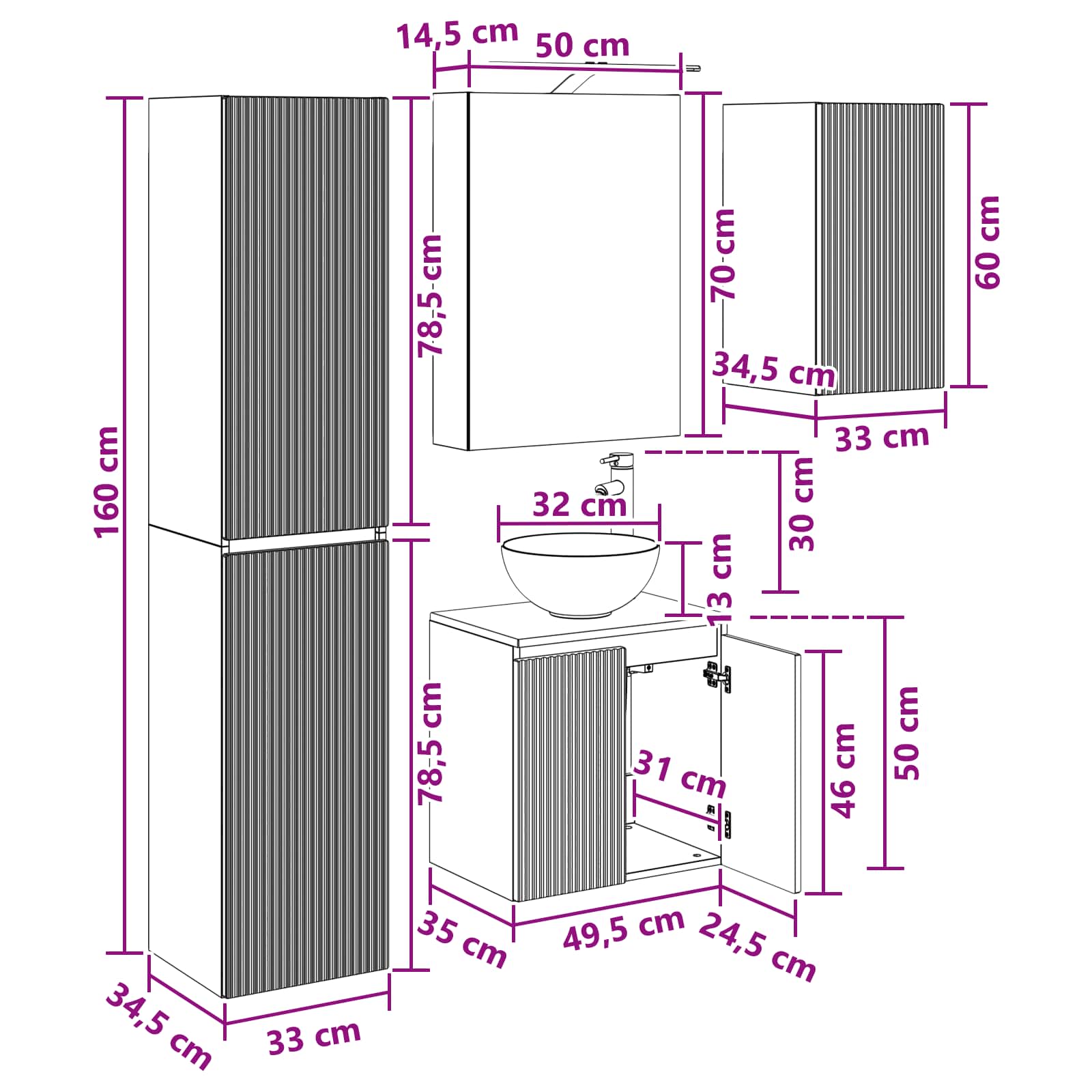 Set ormarića za kupaonicu 5 pcs Siva Sonoma 50 x 14,5 x 70 cm