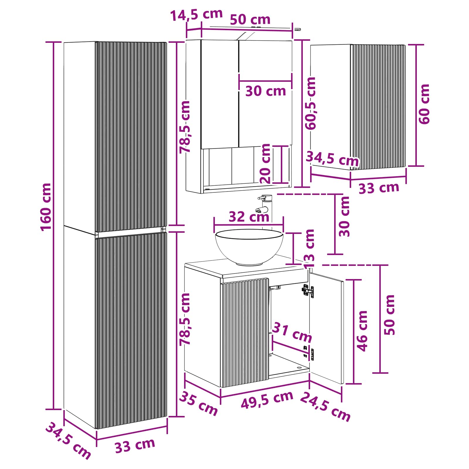 Set ormarića za kupaonicu 5 pcs Bijela 50 x 14,5 x 70 cm