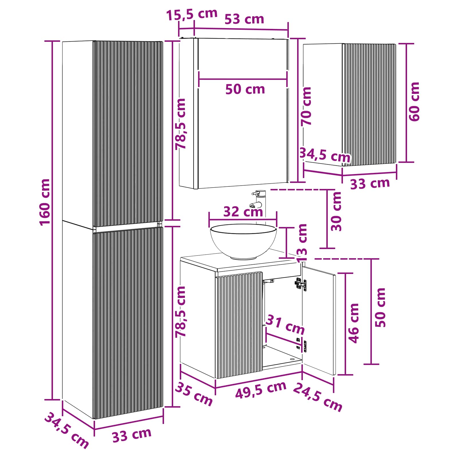 Set ormarića za kupaonicu 5 pcs Hrast sonoma 53 x 15,5 x 70 cm