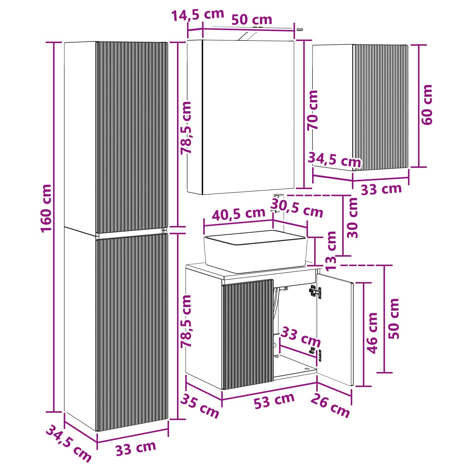 Set ormarića za kupaonicu 5 pcs Bijela 50 x 14,5 x 70 cm