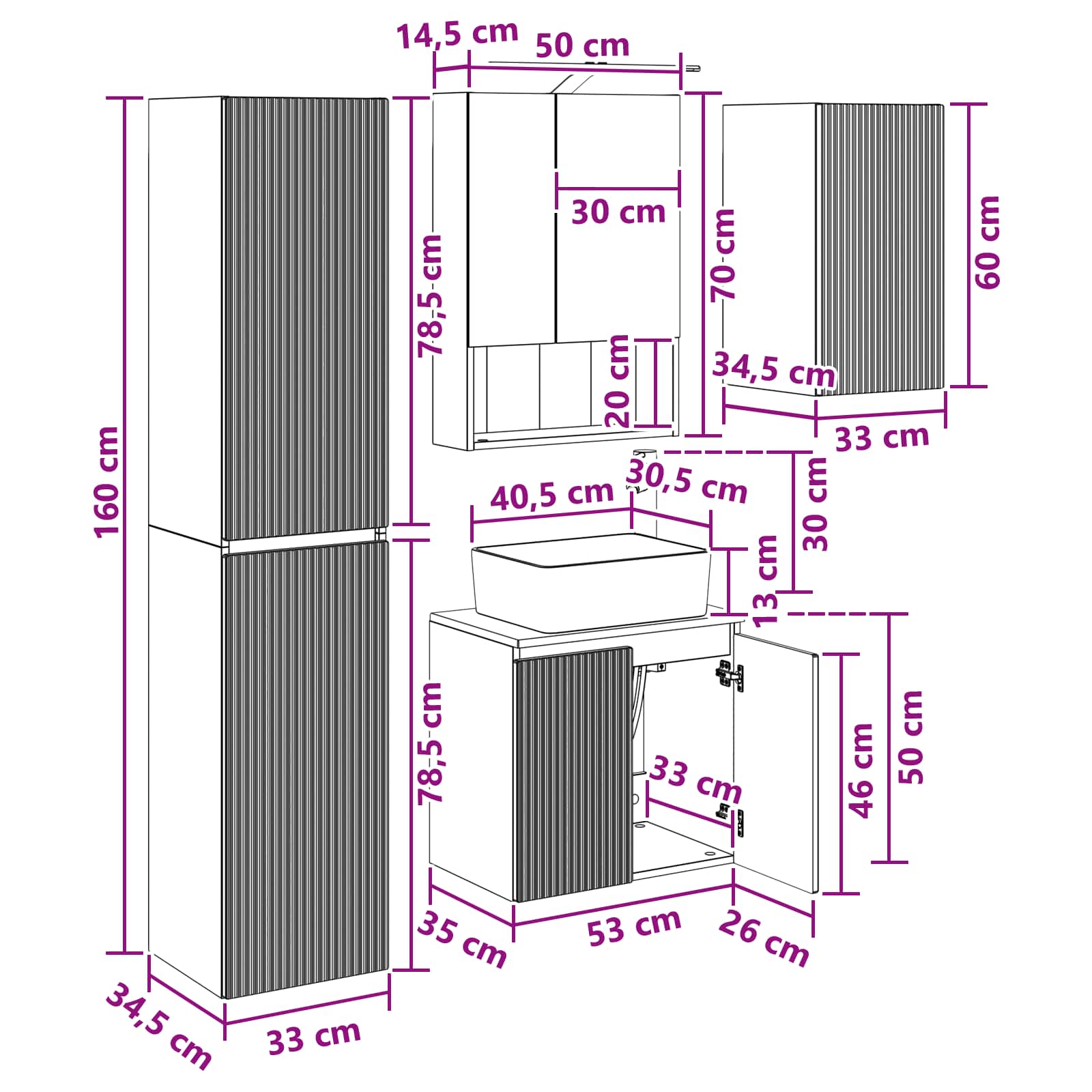 Set ormarića za kupaonicu 5 pcs Staro drvo 50 x 14,5 x 70 cm